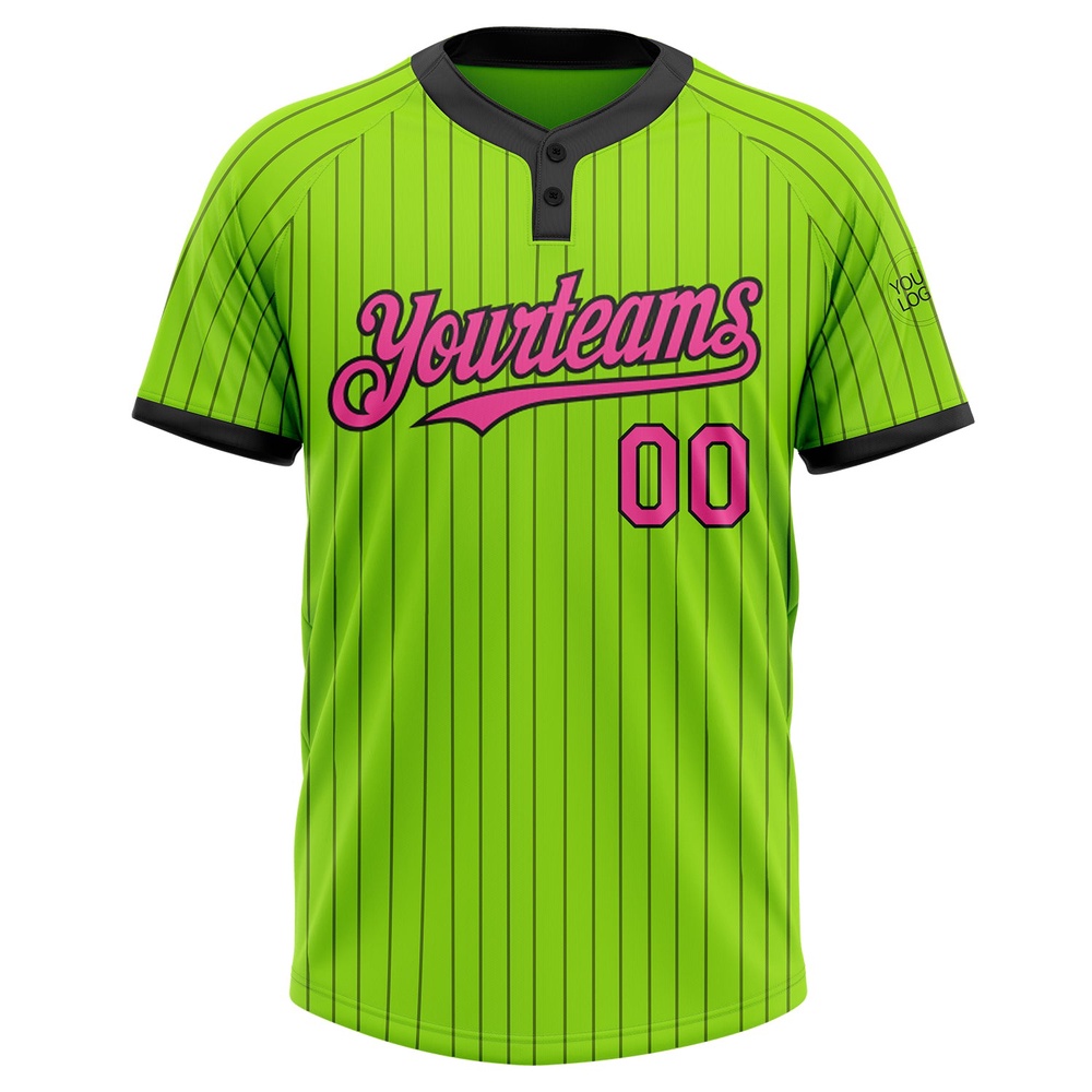Neon Green Black Pinstripe Pink Two Button Unisex Softball Jersey, Custom Team Softball Jersey Neon Green Black Pinstripe Pink Two Button Unisex Softball Jersey, Custom Team Softball Jersey