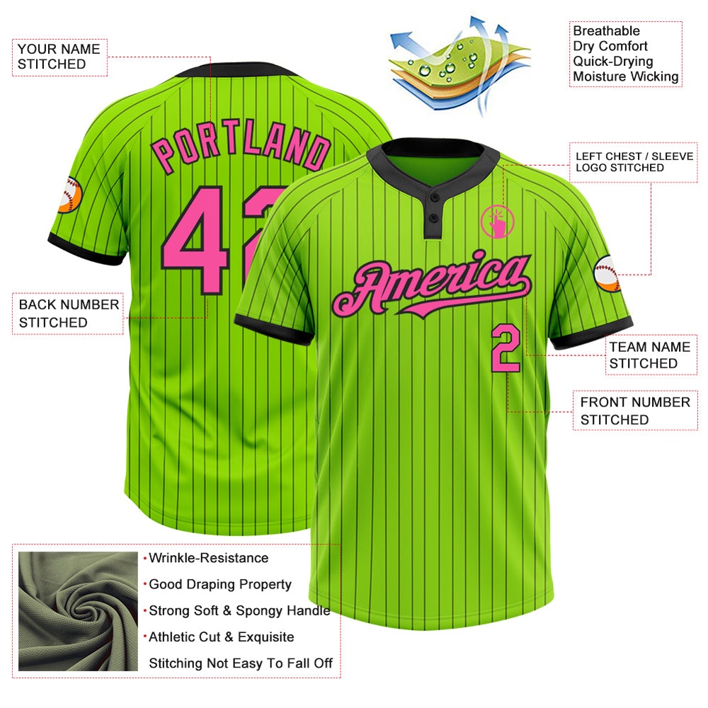 Neon Green Black Pinstripe Pink Two Button Unisex Softball Jersey, Custom Team Softball Jersey Neon Green Black Pinstripe Pink Two Button Unisex Softball Jersey, Custom Team Softball Jersey