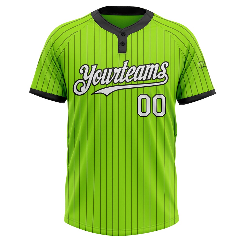 Neon Green Black Pinstripe White Two Button Unisex Softball Jersey, Custom Team Softball Jersey Neon Green Black Pinstripe White Two Button Unisex Softball Jersey, Custom Team Softball Jersey