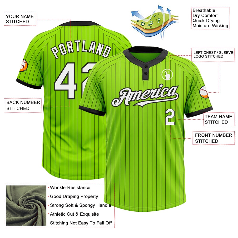 Neon Green Black Pinstripe White Two Button Unisex Softball Jersey, Custom Team Softball Jersey Neon Green Black Pinstripe White Two Button Unisex Softball Jersey, Custom Team Softball Jersey