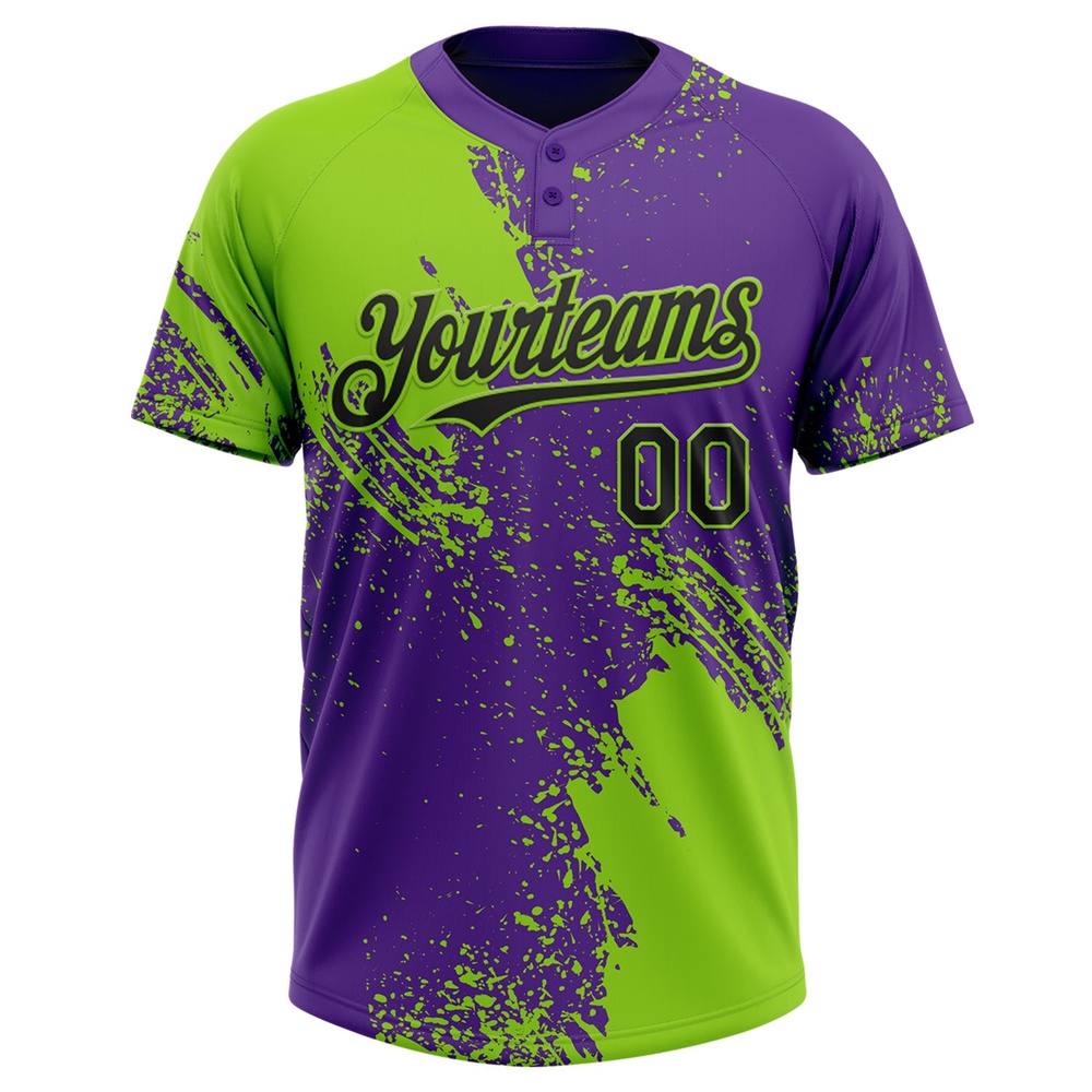 Neon Green Black Purple 3D Pattern Abstract Brush Stroke Two Button Unisex Softball Jersey, Custom Team Softball Jersey