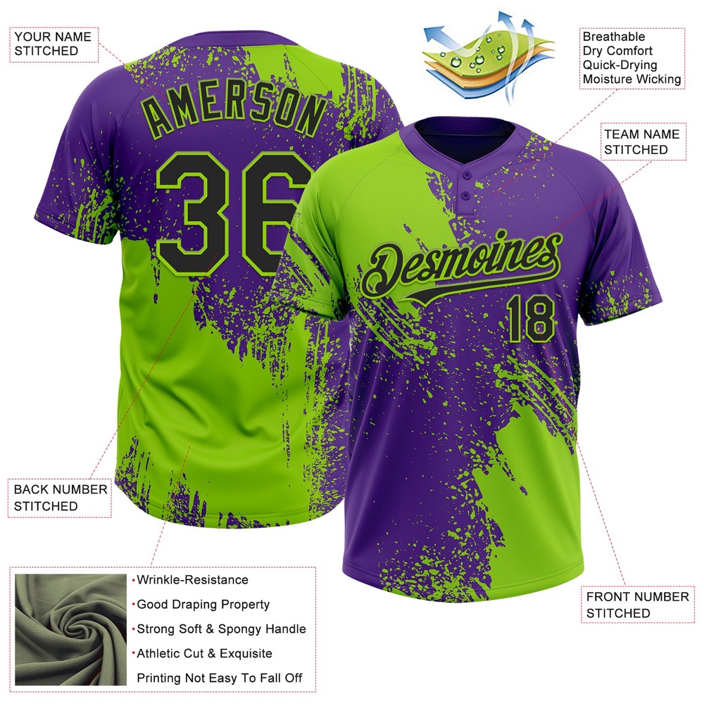 Neon Green Black Purple 3D Pattern Abstract Brush Stroke Two Button Unisex Softball Jersey, Custom Team Softball Jersey