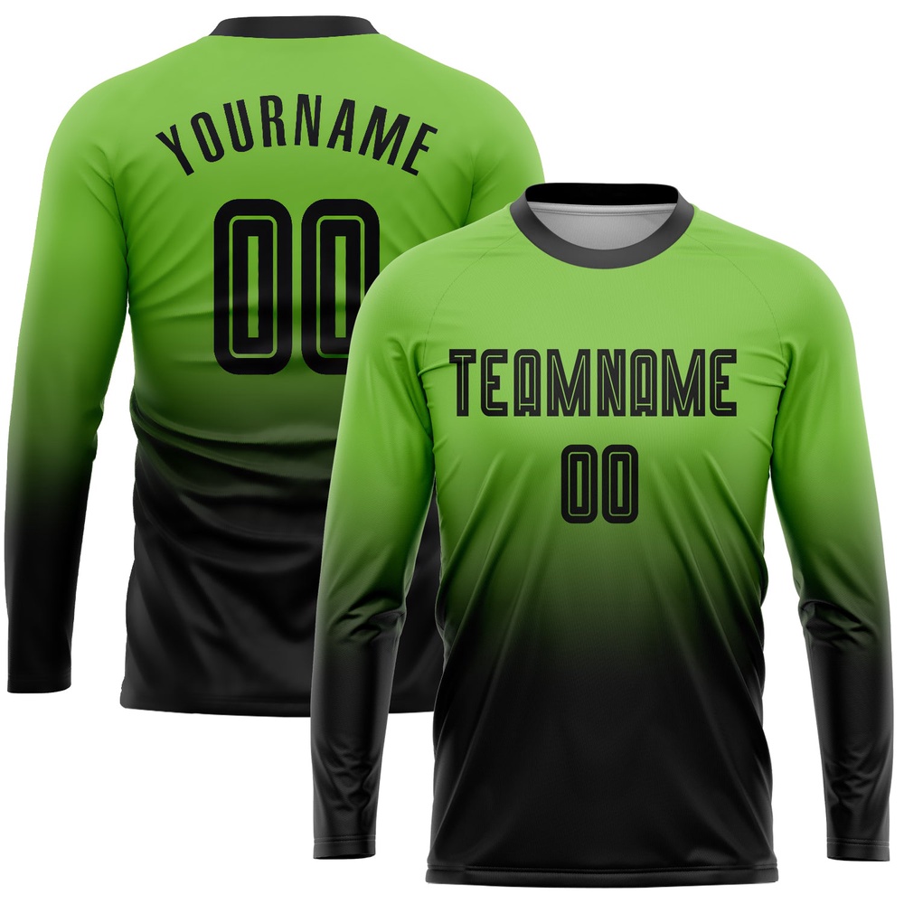 Neon Green Black Sublimation Long Sleeve Fade Fashion Soccer Uniform Jersey, Custom Team Soccer Jersey Shirt Neon Green Black Sublimation Long Sleeve Fade Fashion Soccer Uniform Jersey, Custom Team Soccer Jersey Shirt