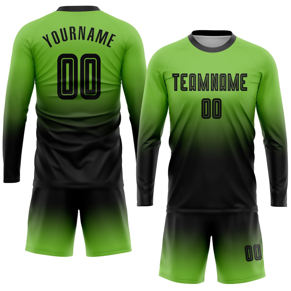 Neon Green Black Sublimation Long Sleeve Fade Fashion Soccer Uniform Jersey, Custom Team Soccer Jersey Shirt Neon Green Black Sublimation Long Sleeve Fade Fashion Soccer Uniform Jersey, Custom Team Soccer Jersey Shirt