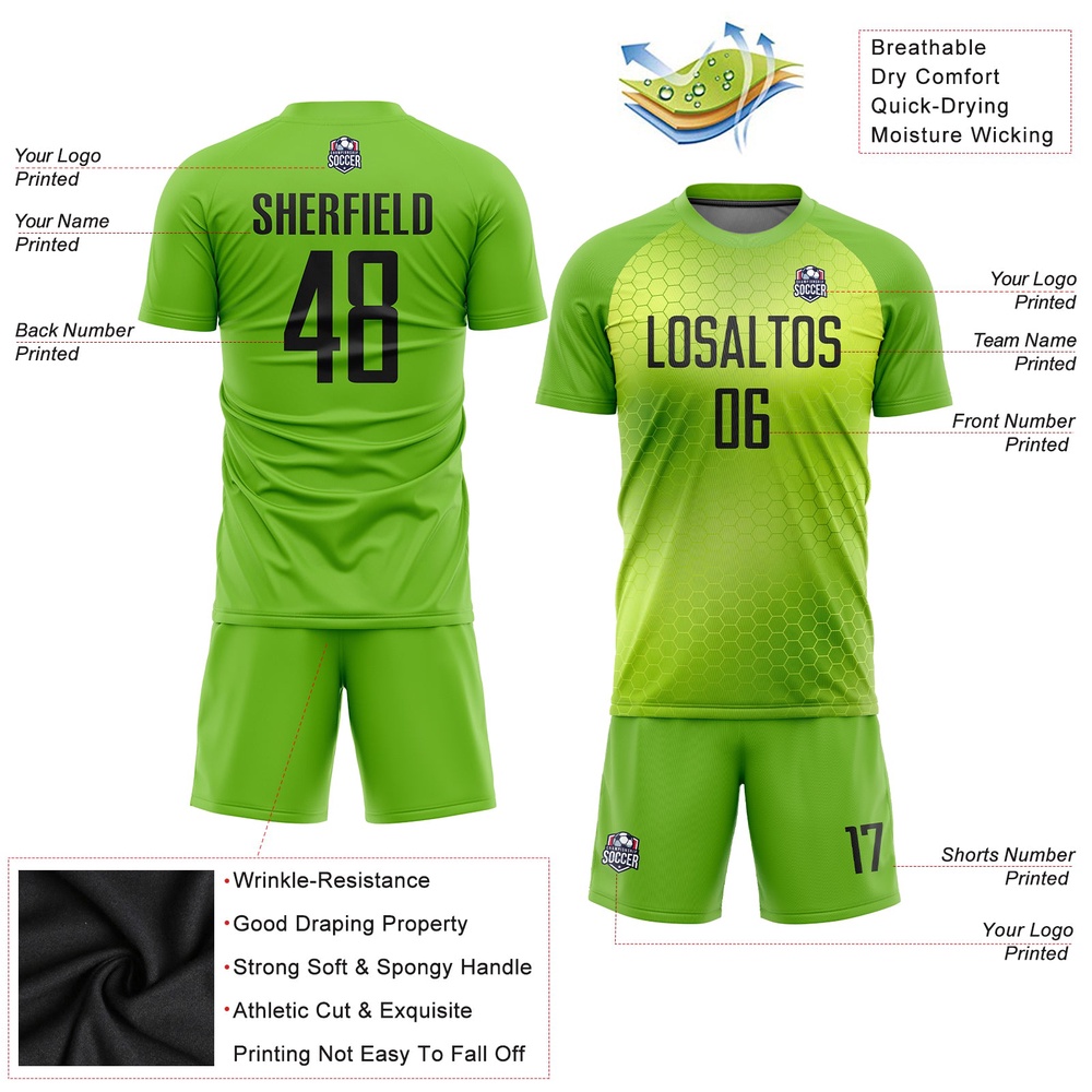 Neon Green Black Sublimation Soccer Uniform Jersey, Custom Team Soccer Jersey Shirt Neon Green Black Sublimation Soccer Uniform Jersey, Custom Team Soccer Jersey Shirt