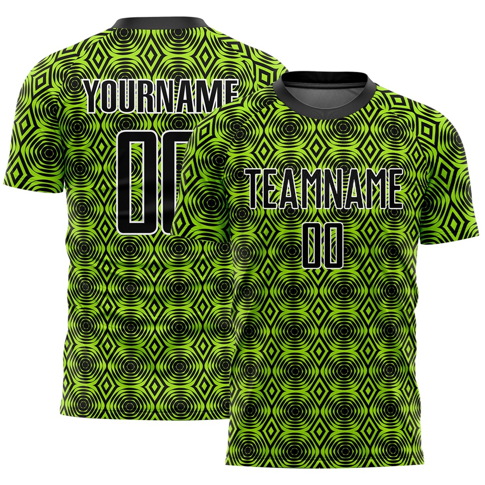 Neon Green Black White Geometric Shapes Sublimation Soccer Uniform Jersey, Custom Team Soccer Jersey Shirt Neon Green Black White Geometric Shapes Sublimation Soccer Uniform Jersey, Custom Team Soccer Jersey Shirt