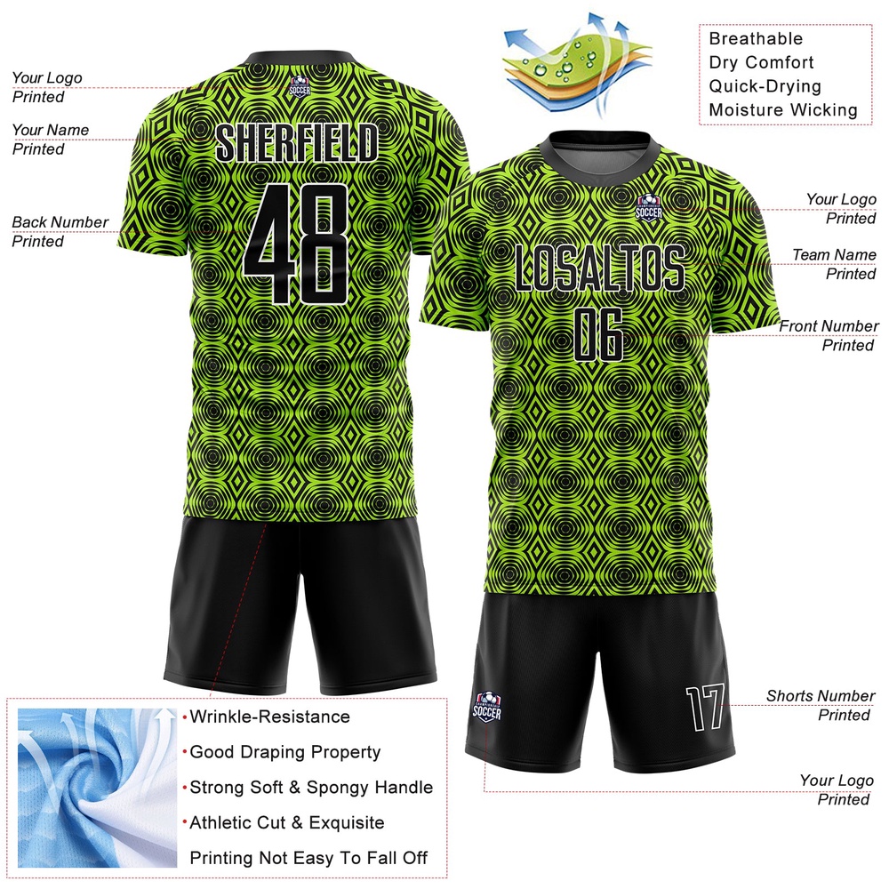 Neon Green Black White Geometric Shapes Sublimation Soccer Uniform Jersey, Custom Team Soccer Jersey Shirt Neon Green Black White Geometric Shapes Sublimation Soccer Uniform Jersey, Custom Team Soccer Jersey Shirt