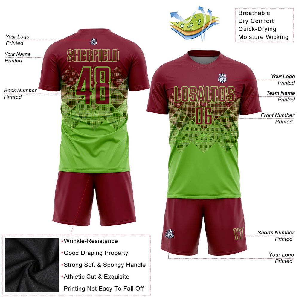 Neon Green Crimson Sublimation Soccer Uniform Jersey, Custom Team Soccer Jersey Shirt Neon Green Crimson Sublimation Soccer Uniform Jersey, Custom Team Soccer Jersey Shirt