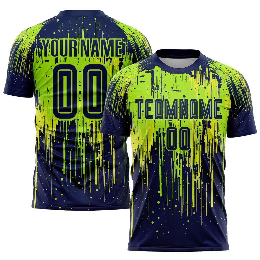 Neon Green Navy Neon Yellow Sublimation Soccer Uniform Jersey, Custom Team Soccer Jersey Shirt Neon Green Navy Neon Yellow Sublimation Soccer Uniform Jersey, Custom Team Soccer Jersey Shirt