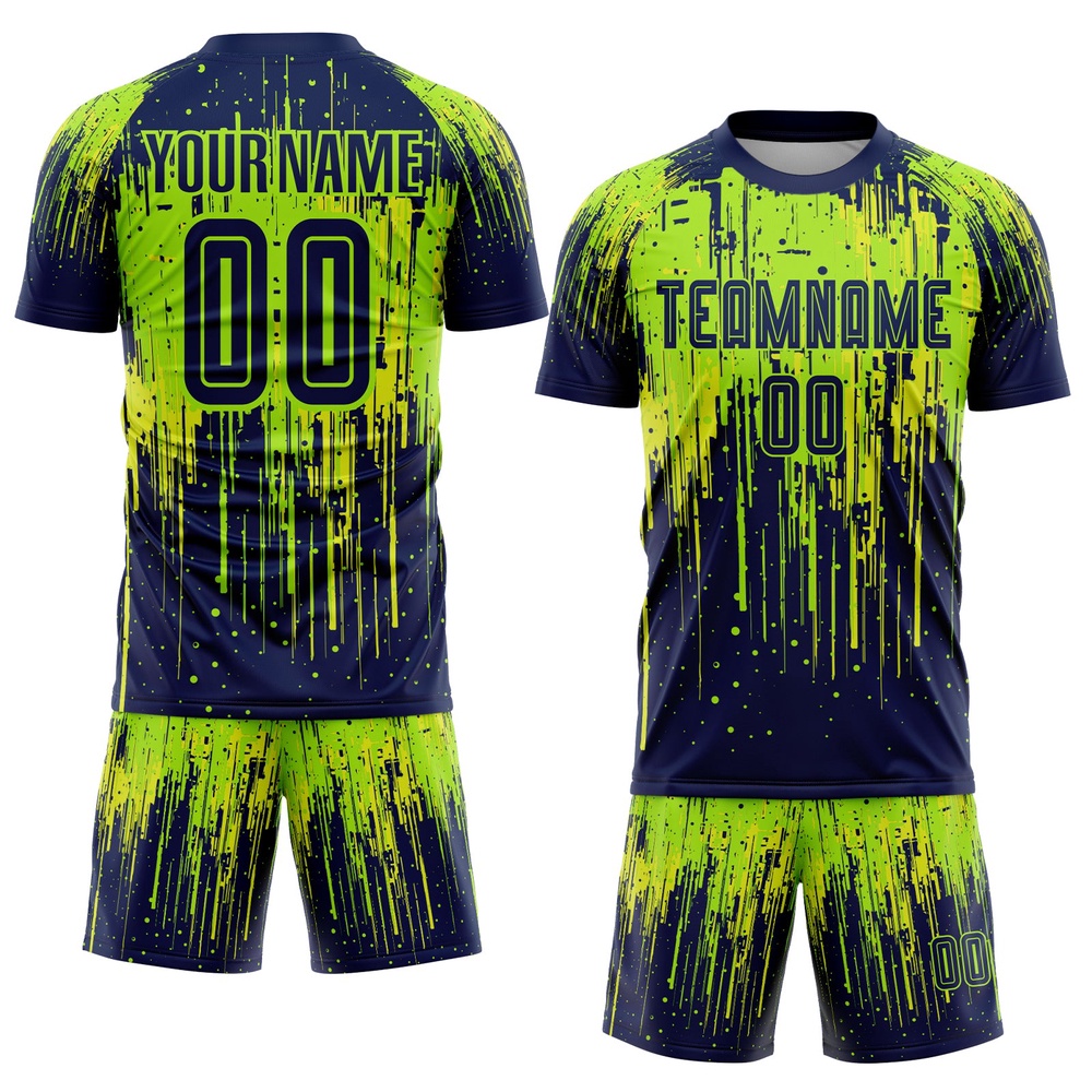 Neon Green Navy Neon Yellow Sublimation Soccer Uniform Jersey, Custom Team Soccer Jersey Shirt Neon Green Navy Neon Yellow Sublimation Soccer Uniform Jersey, Custom Team Soccer Jersey Shirt