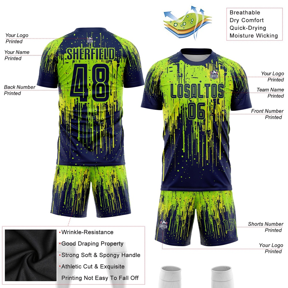 Neon Green Navy Neon Yellow Sublimation Soccer Uniform Jersey, Custom Team Soccer Jersey Shirt Neon Green Navy Neon Yellow Sublimation Soccer Uniform Jersey, Custom Team Soccer Jersey Shirt