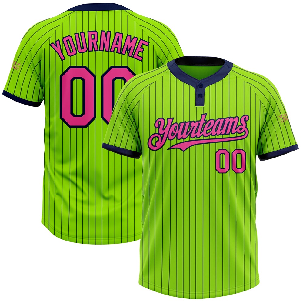 Neon Green Navy Pinstripe Pink Two Button Unisex Softball Jersey, Custom Team Softball Jersey Neon Green Navy Pinstripe Pink Two Button Unisex Softball Jersey, Custom Team Softball Jersey