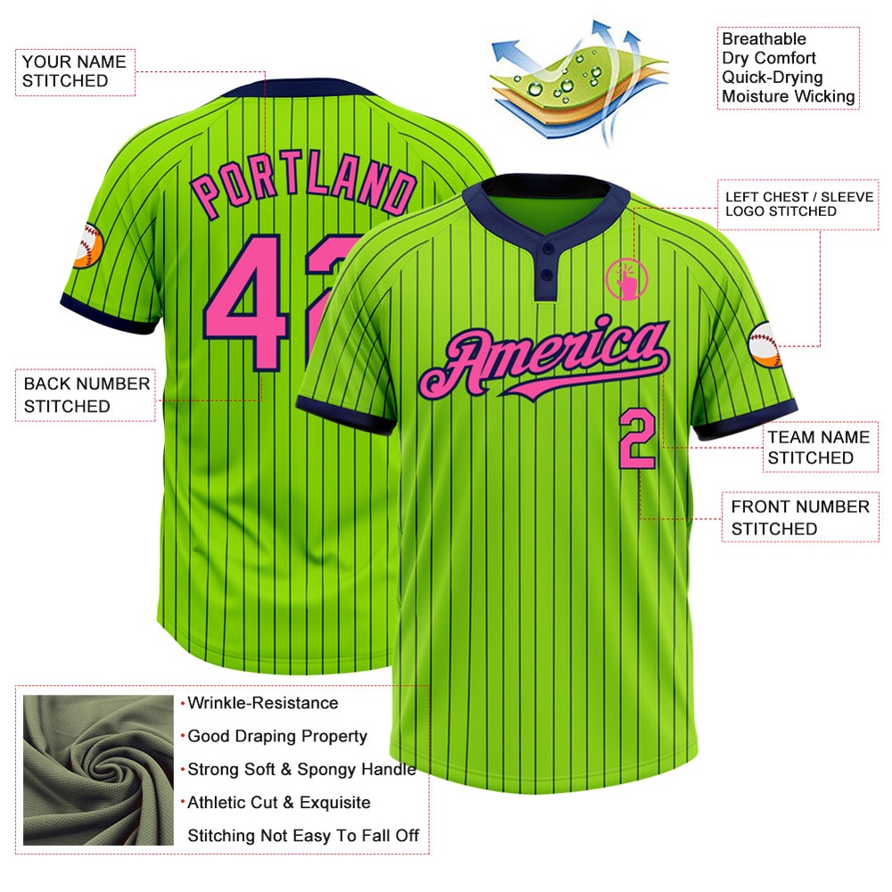 Neon Green Navy Pinstripe Pink Two Button Unisex Softball Jersey, Custom Team Softball Jersey Neon Green Navy Pinstripe Pink Two Button Unisex Softball Jersey, Custom Team Softball Jersey