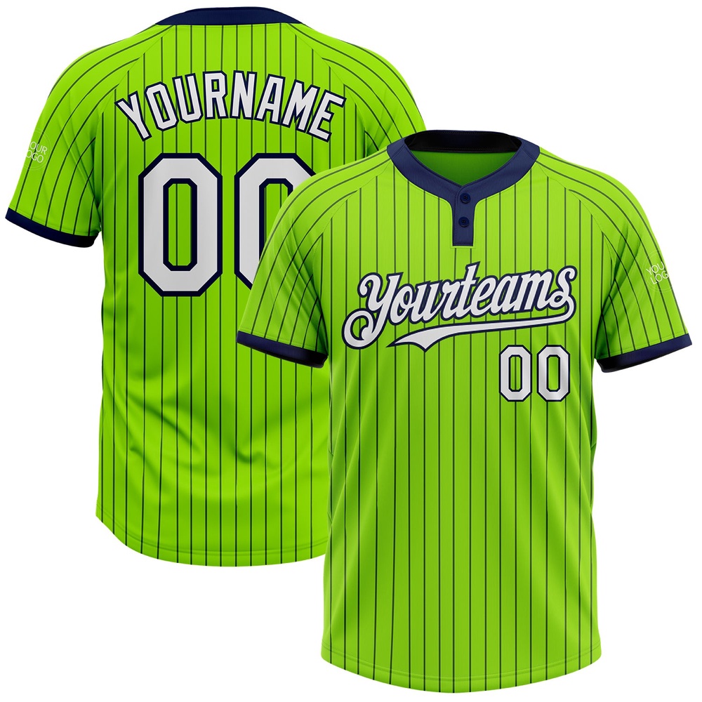 Neon Green Navy Pinstripe White Two Button Unisex Softball Jersey, Custom Team Softball Jersey