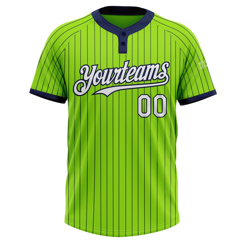 Neon Green Navy Pinstripe White Two Button Unisex Softball Jersey, Custom Team Softball Jersey