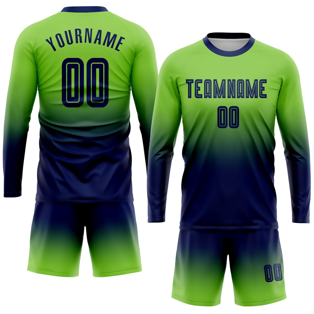 Neon Green Navy Sublimation Long Sleeve Fade Fashion Soccer Uniform Jersey, Custom Team Soccer Jersey Shirt