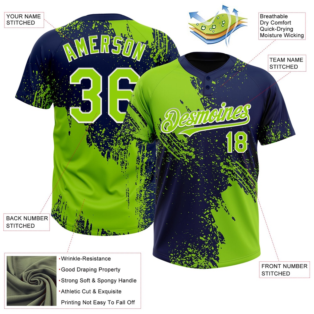 Neon Green Navy White 3D Pattern Abstract Brush Stroke Two Button Unisex Softball Jersey, Custom Team Softball Jersey Neon Green Navy White 3D Pattern Abstract Brush Stroke Two Button Unisex Softball Jersey, Custom Team Softball Jersey