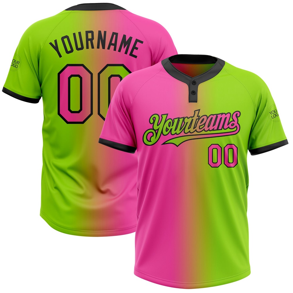 Neon Green Pink Black Gradient Fashion Two Button Unisex Softball Jersey, Custom Team Softball Jersey