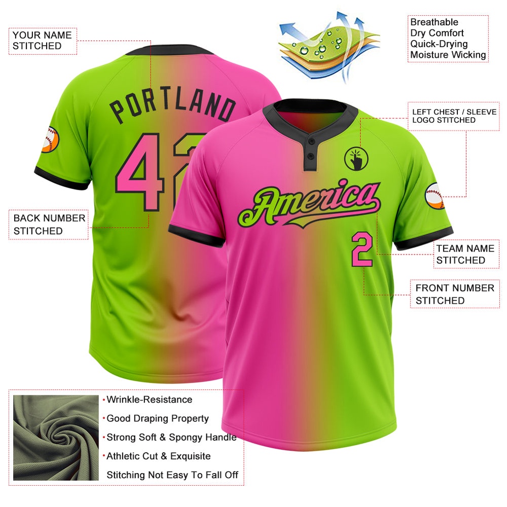 Neon Green Pink Black Gradient Fashion Two Button Unisex Softball Jersey, Custom Team Softball Jersey