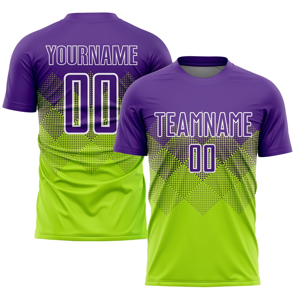 Neon Green Purple White Sublimation Soccer Uniform Jersey, Custom Team Soccer Jersey Shirt