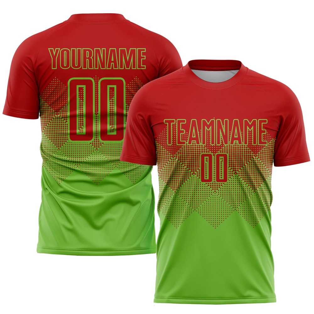 Neon Green Red Sublimation Soccer Uniform Jersey, Custom Team Soccer Jersey Shirt Neon Green Red Sublimation Soccer Uniform Jersey, Custom Team Soccer Jersey Shirt