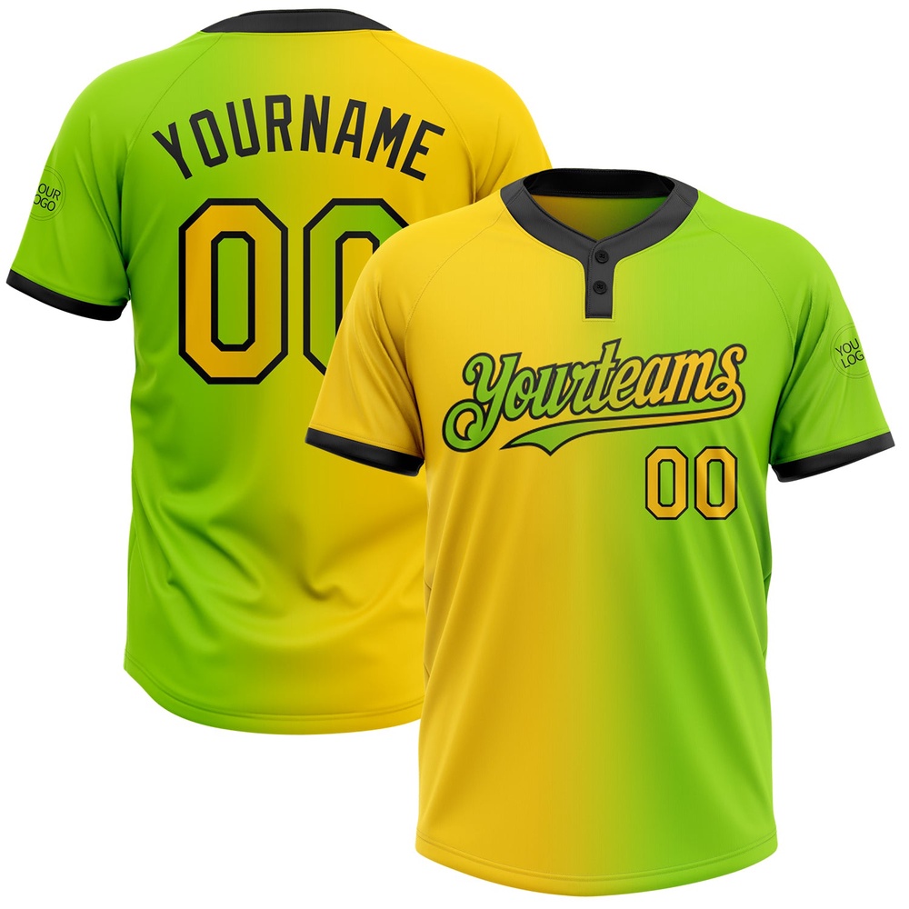 Neon Green Yellow Black Gradient Fashion Two Button Unisex Softball Jersey, Custom Team Softball Jersey