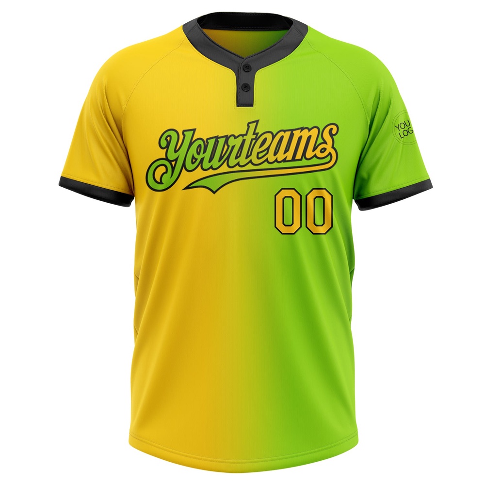 Neon Green Yellow Black Gradient Fashion Two Button Unisex Softball Jersey, Custom Team Softball Jersey