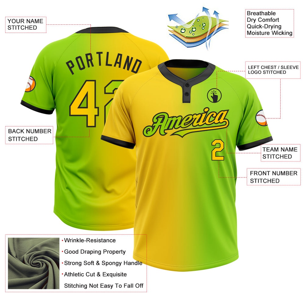 Neon Green Yellow Black Gradient Fashion Two Button Unisex Softball Jersey, Custom Team Softball Jersey