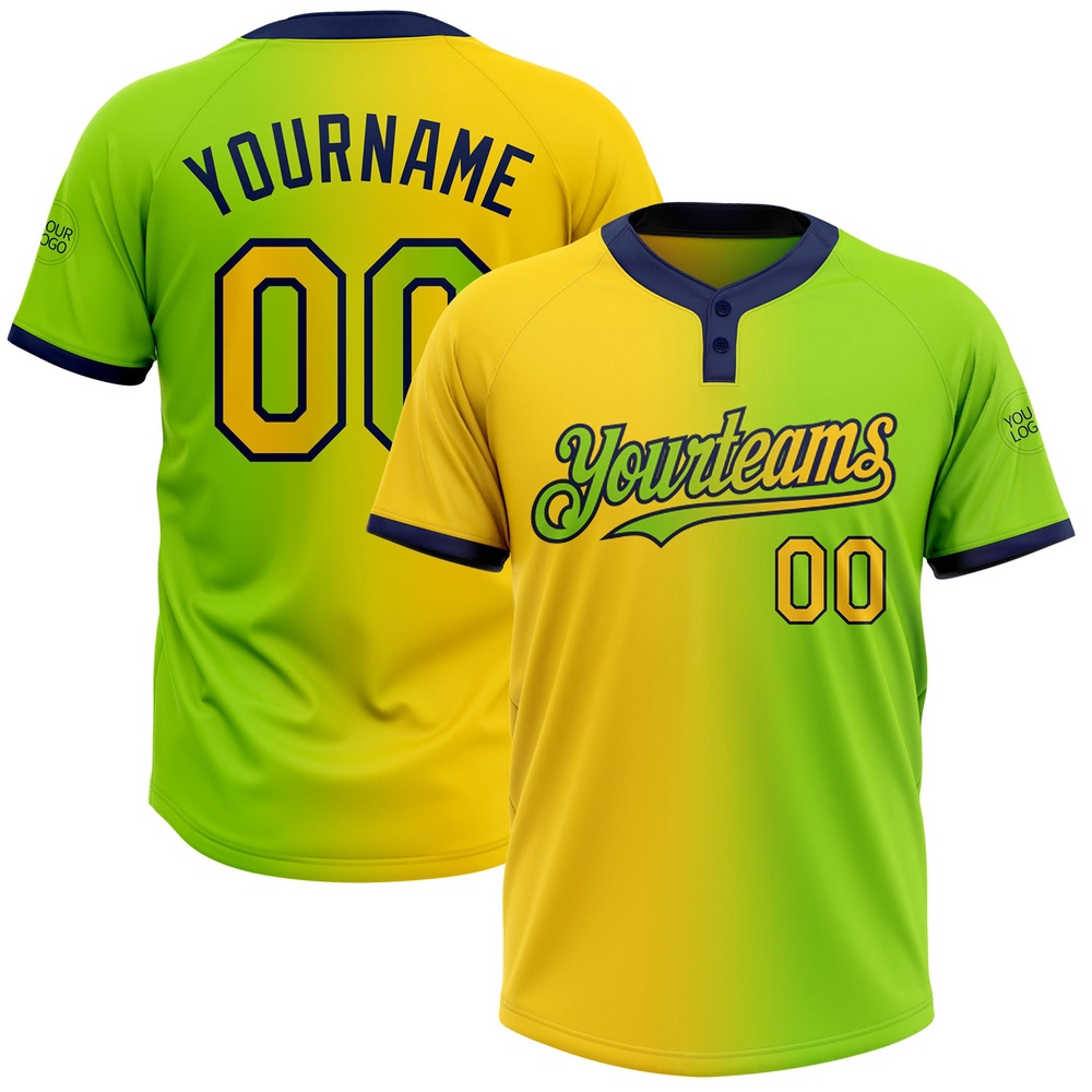 Neon Green Yellow Navy Gradient Fashion Two Button Unisex Softball Jersey, Custom Team Softball Jersey