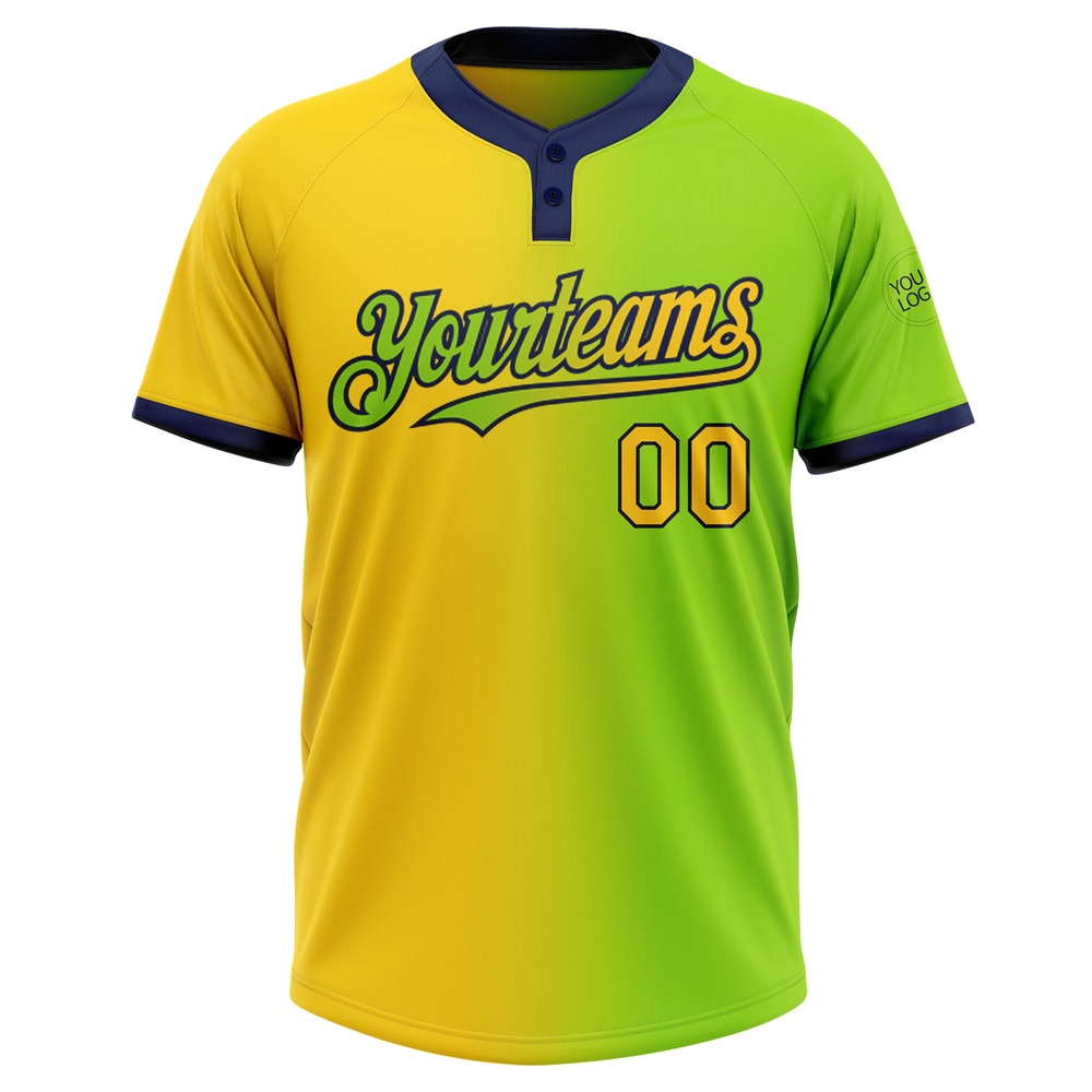 Neon Green Yellow Navy Gradient Fashion Two Button Unisex Softball Jersey, Custom Team Softball Jersey