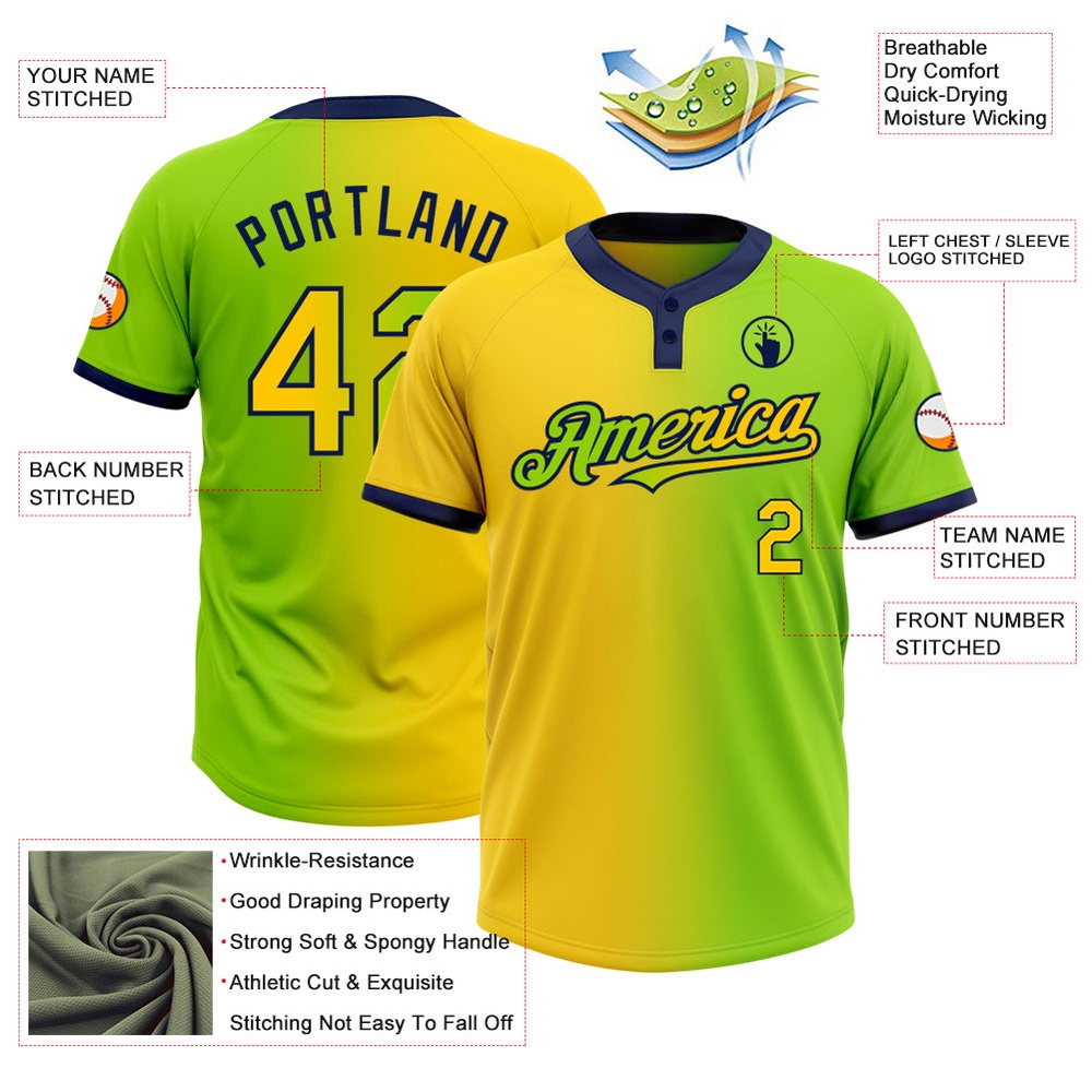Neon Green Yellow Navy Gradient Fashion Two Button Unisex Softball Jersey, Custom Team Softball Jersey