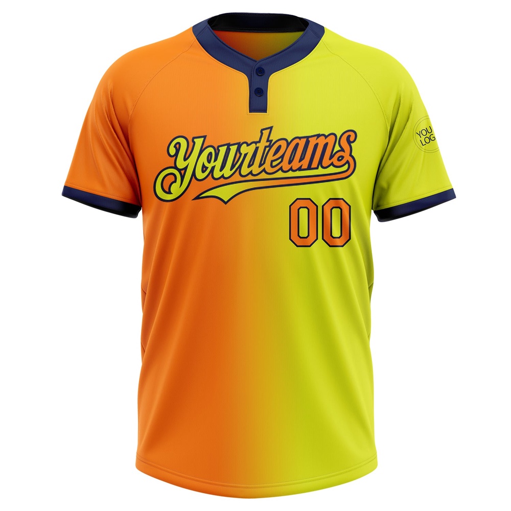Neon Yellow Bay Orange Navy Gradient Fashion Two Button Unisex Softball Jersey, Custom Team Softball Jersey