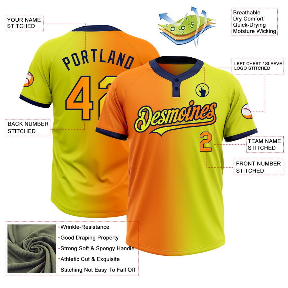 Neon Yellow Bay Orange Navy Gradient Fashion Two Button Unisex Softball Jersey, Custom Team Softball Jersey