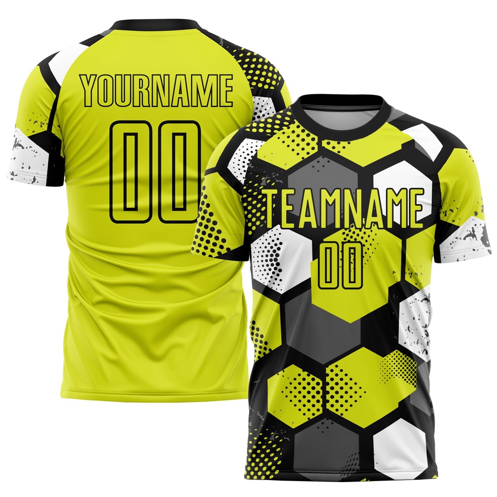Neon Yellow Black White Sublimation Soccer Uniform Jersey, Custom Team Soccer Jersey Shirt Neon Yellow Black White Sublimation Soccer Uniform Jersey, Custom Team Soccer Jersey Shirt
