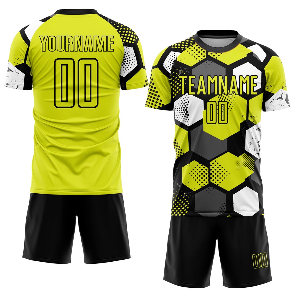 Neon Yellow Black White Sublimation Soccer Uniform Jersey, Custom Team Soccer Jersey Shirt Neon Yellow Black White Sublimation Soccer Uniform Jersey, Custom Team Soccer Jersey Shirt