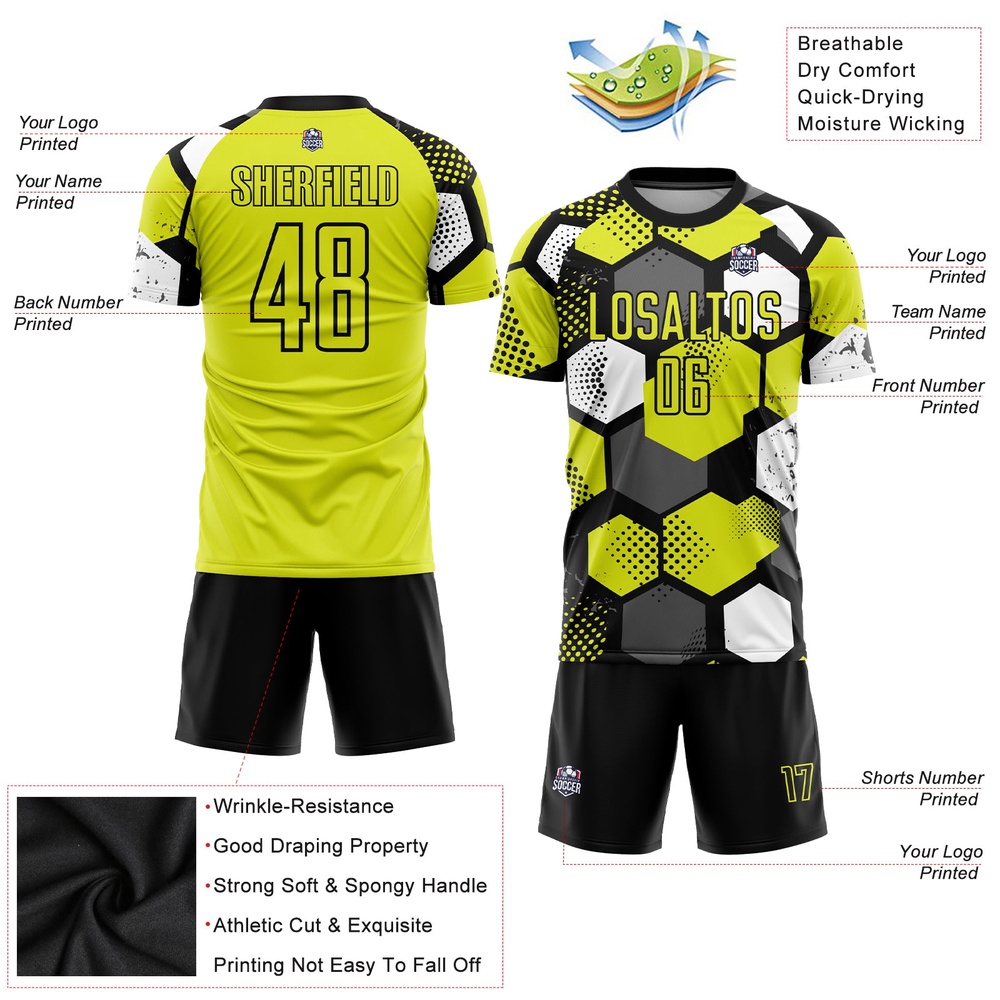 Neon Yellow Black White Sublimation Soccer Uniform Jersey, Custom Team Soccer Jersey Shirt Neon Yellow Black White Sublimation Soccer Uniform Jersey, Custom Team Soccer Jersey Shirt