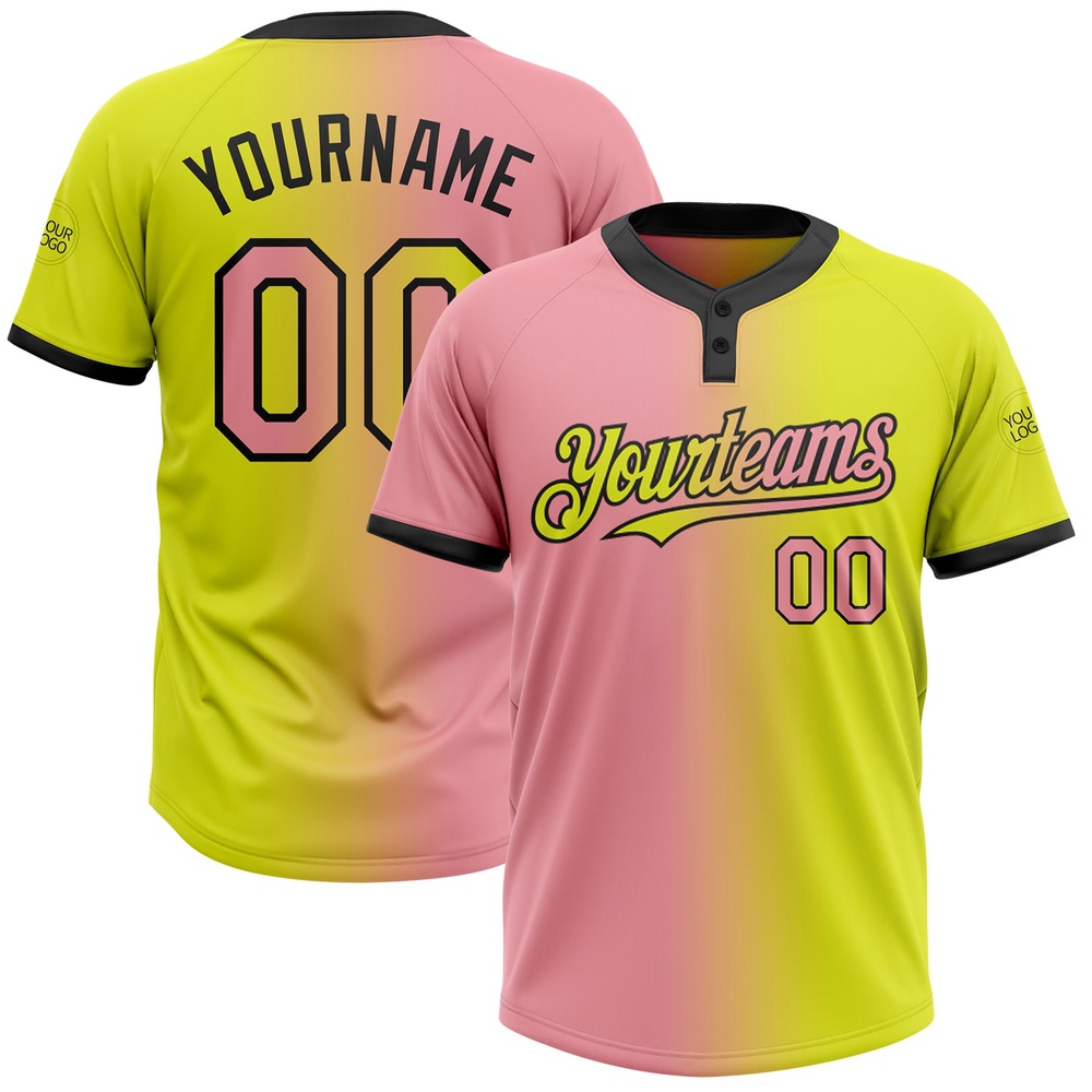Neon Yellow Medium Pink Black Gradient Fashion Two Button Unisex Softball Jersey, Custom Team Softball Jersey