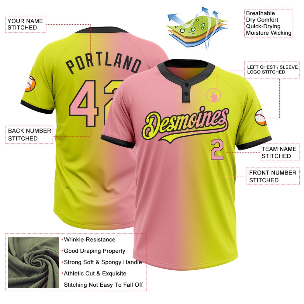 Neon Yellow Medium Pink Black Gradient Fashion Two Button Unisex Softball Jersey, Custom Team Softball Jersey