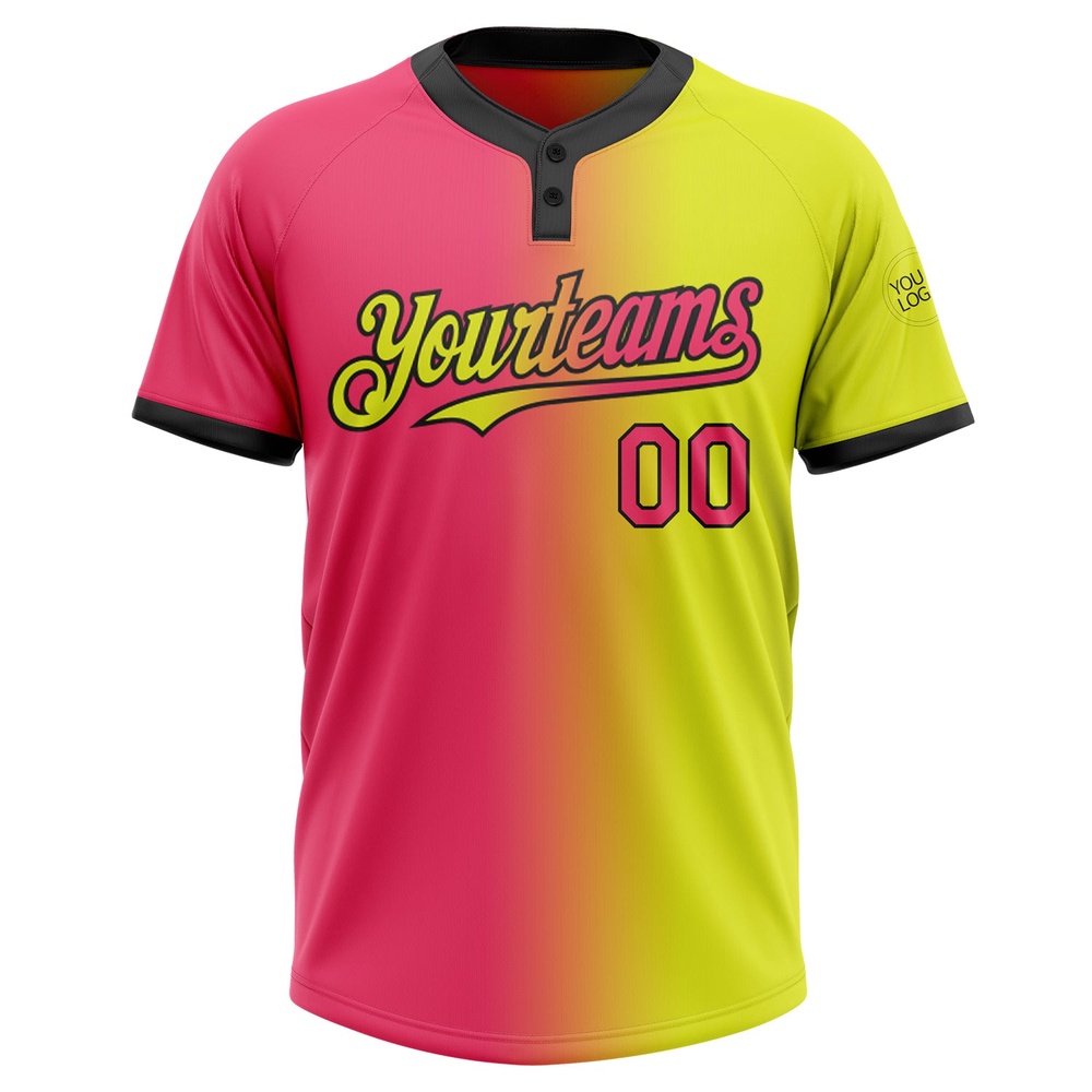 Neon Yellow Neon Pink Black Gradient Fashion Two Button Unisex Softball Jersey, Custom Team Softball Jersey
