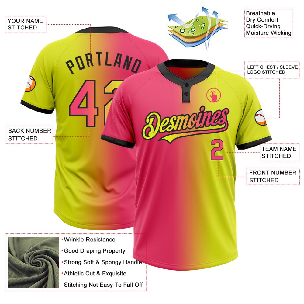 Neon Yellow Neon Pink Black Gradient Fashion Two Button Unisex Softball Jersey, Custom Team Softball Jersey
