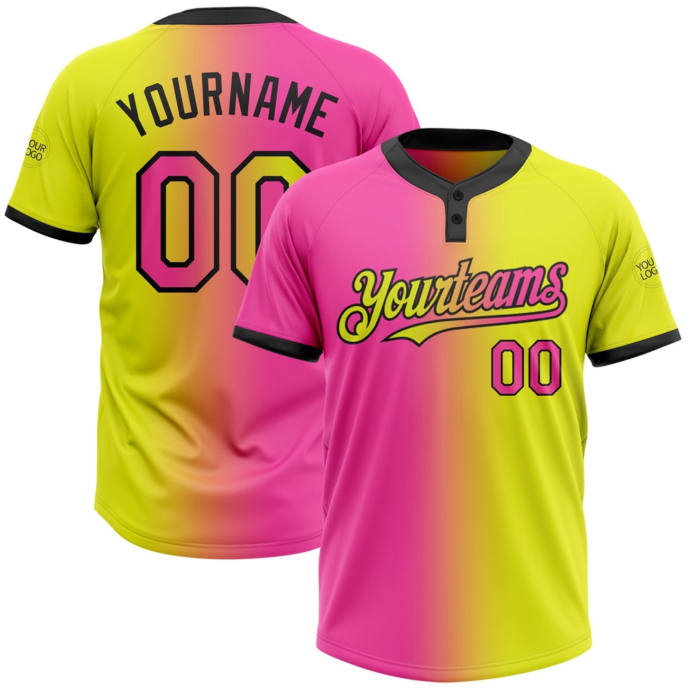 Neon Yellow Pink Black Gradient Fashion Two Button Unisex Softball Jersey, Custom Team Softball Jersey