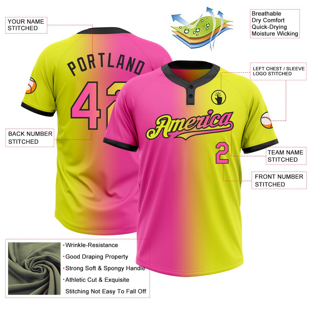 Neon Yellow Pink Black Gradient Fashion Two Button Unisex Softball Jersey, Custom Team Softball Jersey