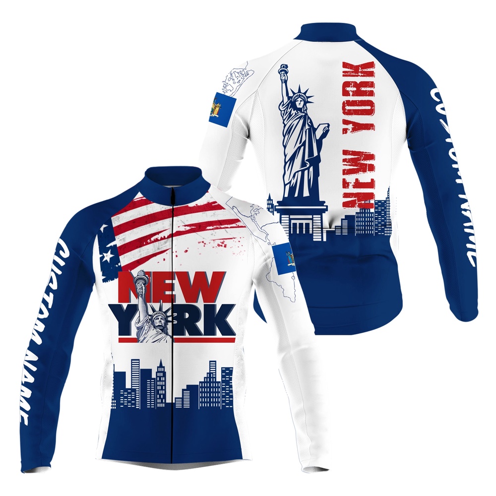 New York Blue Men Cycling Jersey Nyc Bike Shirt With 3 Pockets Custom Team Name Usa Cycling Gear, Custom Mono Cycling Jersey