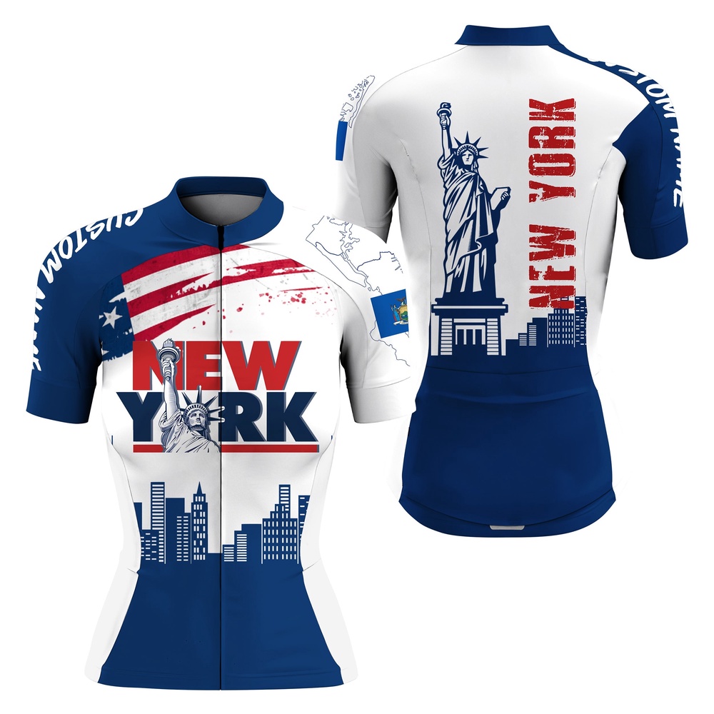 New York Blue Women Cycling Jersey Nyc Bike Shirt With 3 Pockets Custom Team Name Usa Cycling Gear, Custom Mono Cycling Jersey
