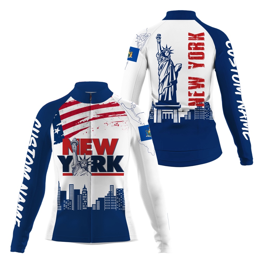 New York Blue Women Cycling Jersey Nyc Bike Shirt With 3 Pockets Custom Team Name Usa Cycling Gear, Custom Mono Cycling Jersey