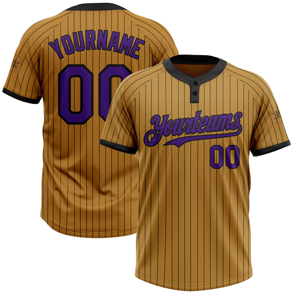 Old Gold Black Pinstripe Purple Two Button Unisex Softball Jersey, Custom Team Softball Jersey