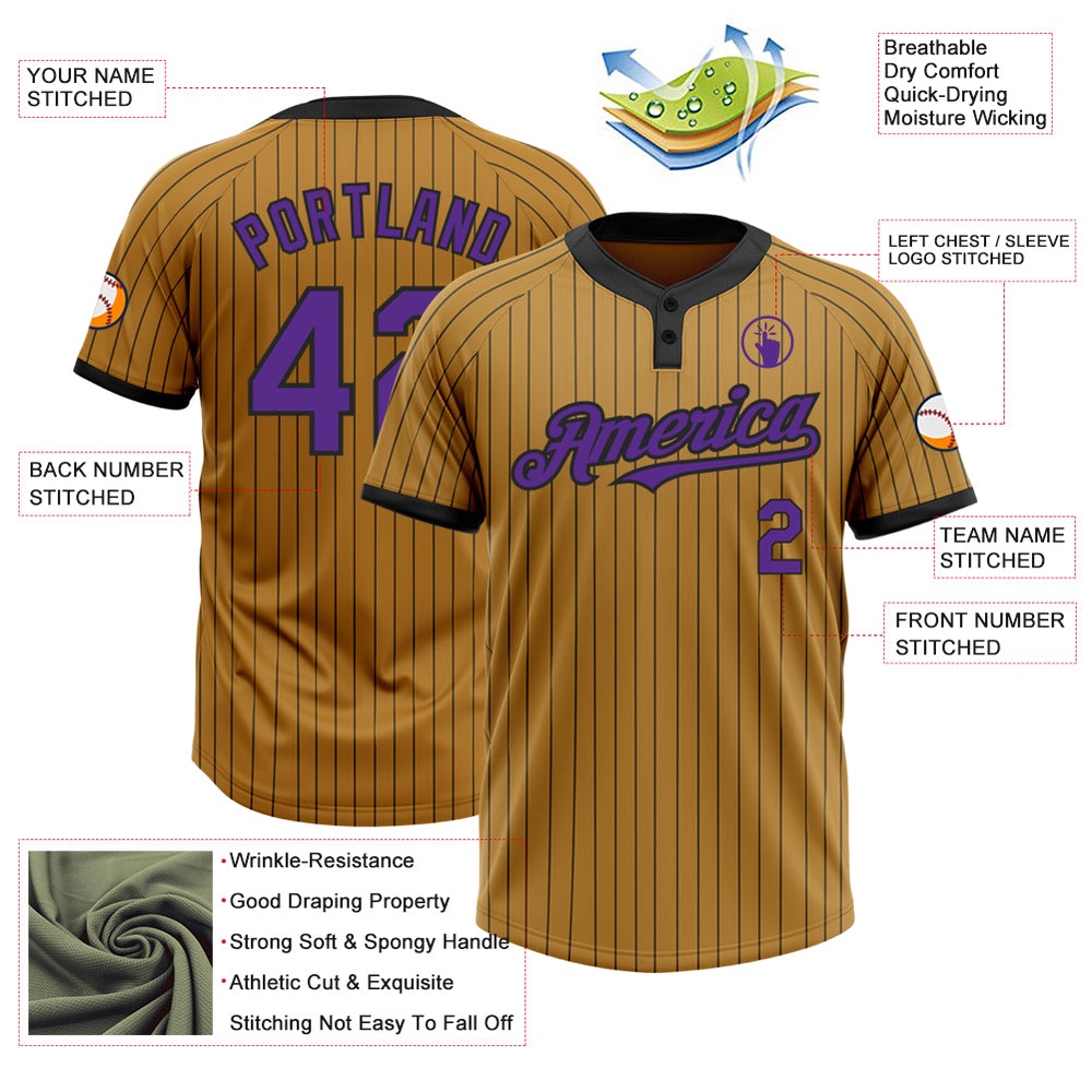 Old Gold Black Pinstripe Purple Two Button Unisex Softball Jersey, Custom Team Softball Jersey