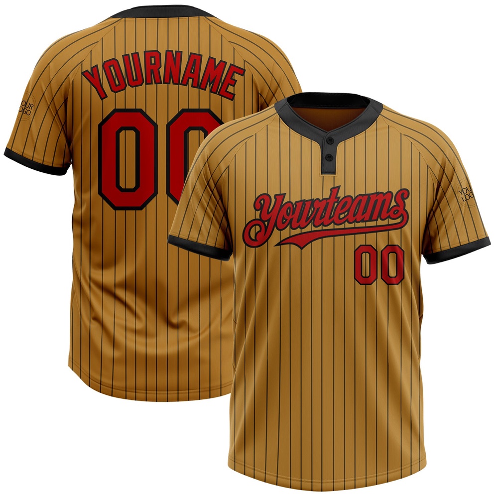 Old Gold Black Pinstripe Red Two Button Unisex Softball Jersey, Custom Team Softball Jersey