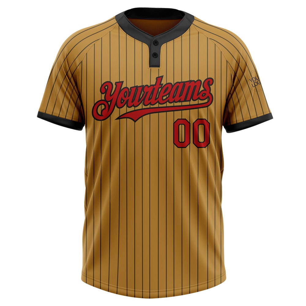 Old Gold Black Pinstripe Red Two Button Unisex Softball Jersey, Custom Team Softball Jersey