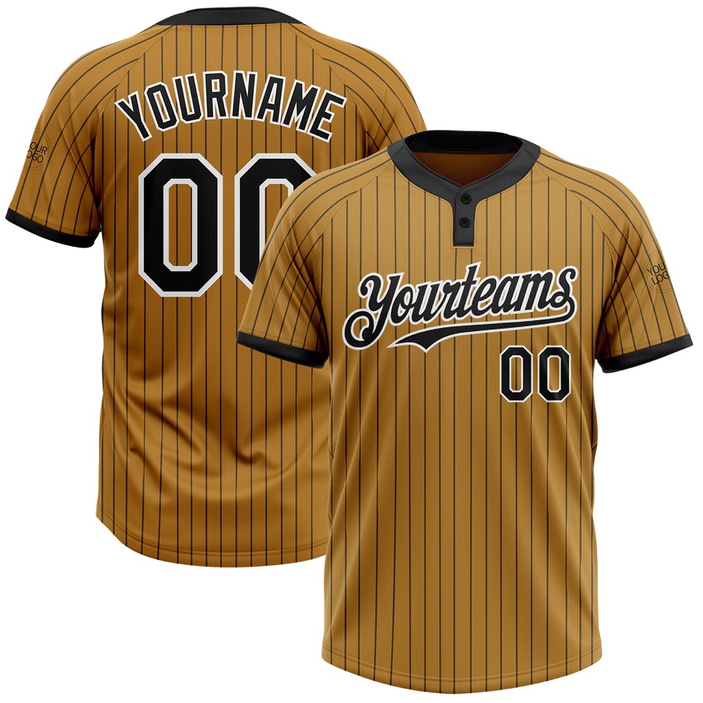 Old Gold Black Pinstripe White Two Button Unisex Softball Jersey, Custom Team Softball Jersey